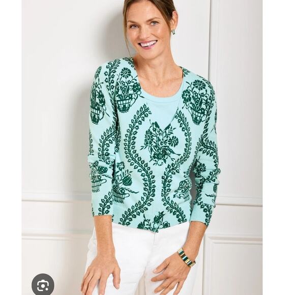 Talbots Cardigan Women's 2XP Blue Ice Heritage Green Flowing Florals Casual - Picture 3 of 8